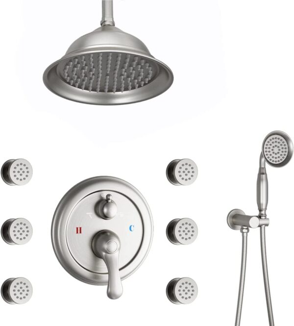Wall Mount 8 Inch Ceiling Rain Shower System Antique Shower Faucet Complete Set High Pressure Thermostatic System