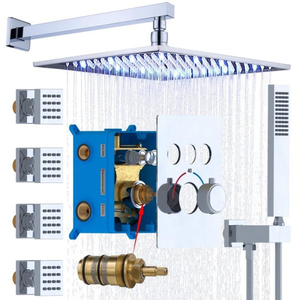 Wall Mount Chrome Shower System with Body Jets 12 Inch LED Ceiling Rainfall Shower Faucet Set High Pressure Shower Set Bathroom