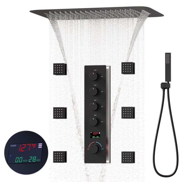 Wall Mount Waterfall Shower System 24 Inches With Digital Ceiling Black Shower Faucet Set With Body Jets and Rain Shower Head
