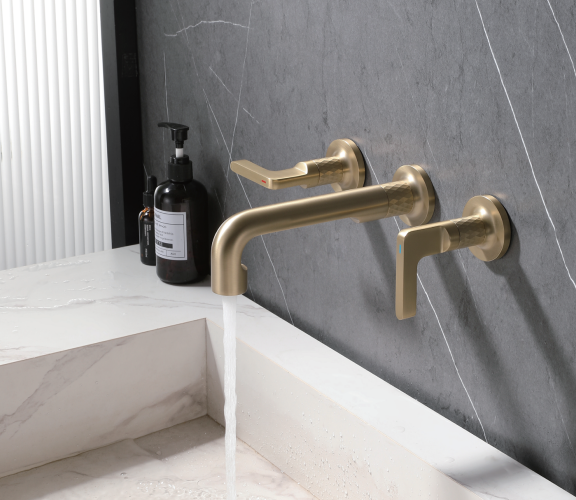 Wall Mounted Wash Basin Faucet Brushed Gold Faucets Mixers Taps 3 Hole Brass Bathroom Sink Faucet