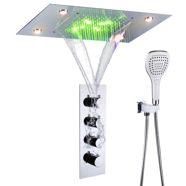 Contemporary LED Rectangular Bathroom Shower Faucet Overhead Rainfall Top Sprayer Ceramic Valve Brass for Apartment Use