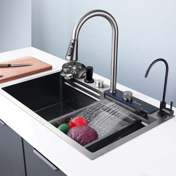 Wholesale Large Single Slot Multifunction Farm Vegetable Washing Sink LED Digital Display Waterfall Kitchen Sink With Cup Wash